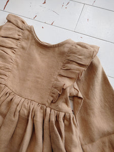 Linen Long Sleeve Ruffle Dress- Latte