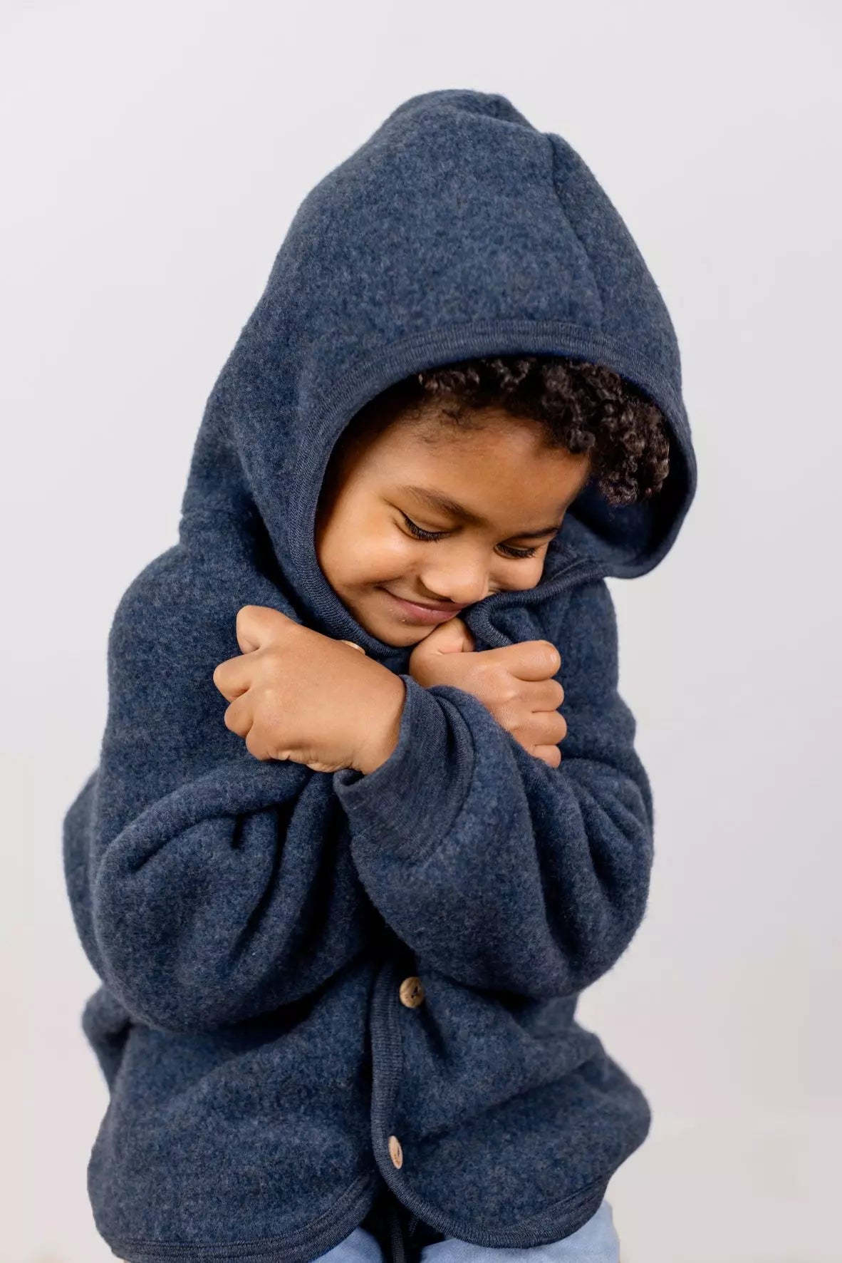 Engel Natur Hooded Jacket in Merino Wool- Blue Melange