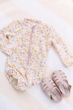 Load image into Gallery viewer, Swim Long Sleeve Hip Ruffle One Piece- Floret
