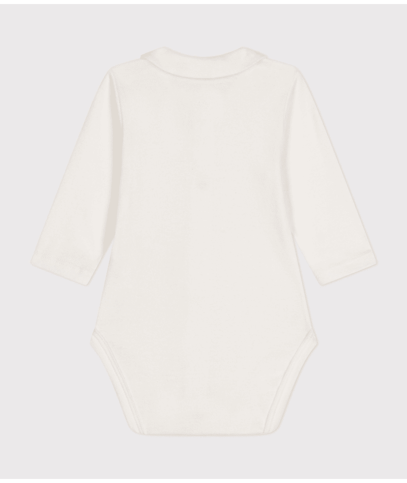 Cotton Long Sleeve Bodysuit with Collar- White