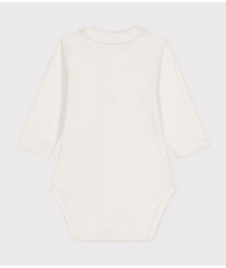 Cotton Long Sleeve Bodysuit with Collar- White