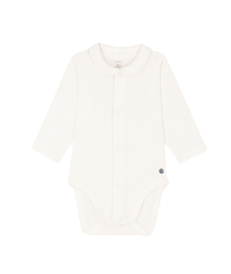 Cotton Long Sleeve Bodysuit with Collar- White