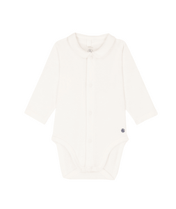 Cotton Long Sleeve Bodysuit with Collar- White