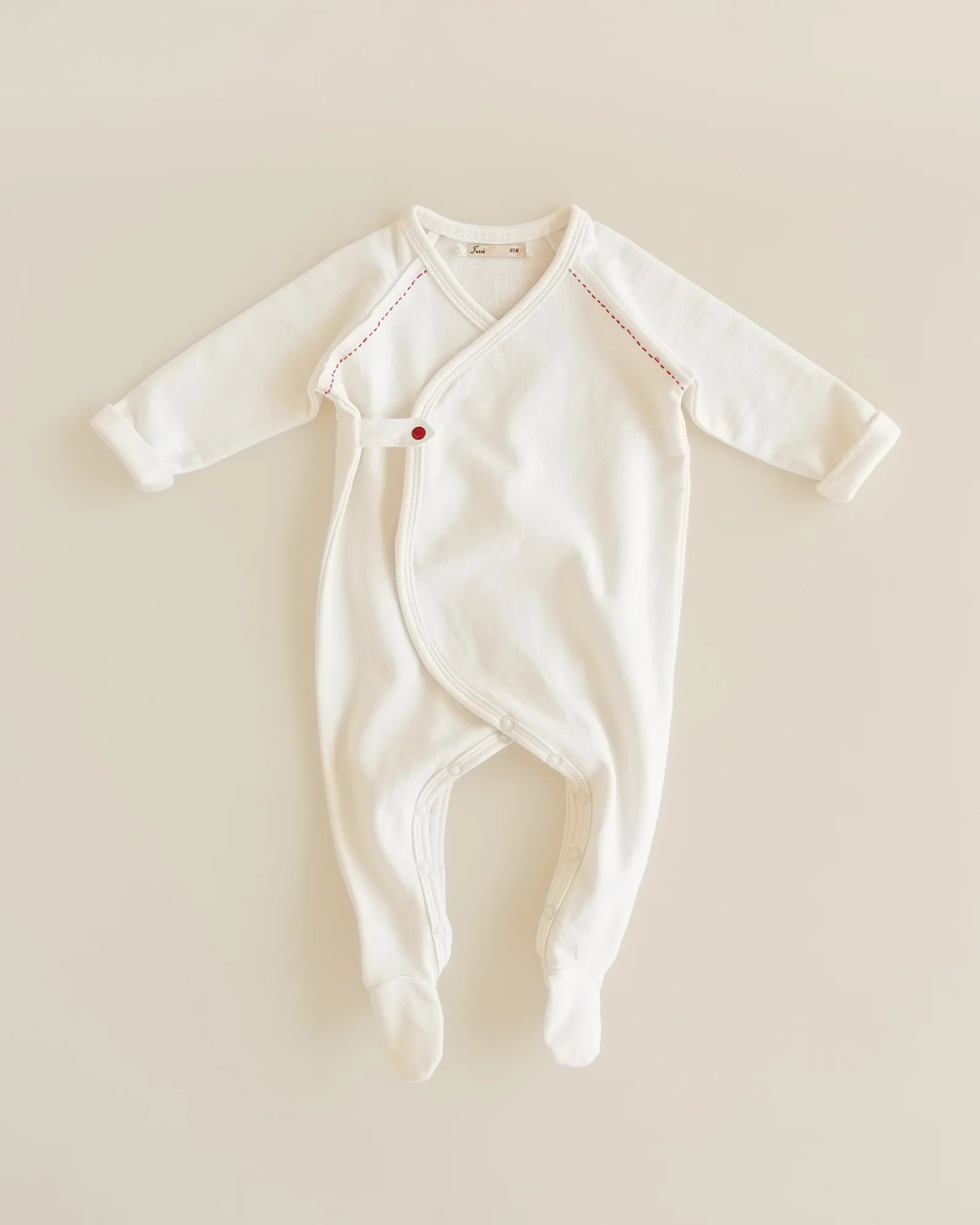 Flap footie- Milk w red stitching