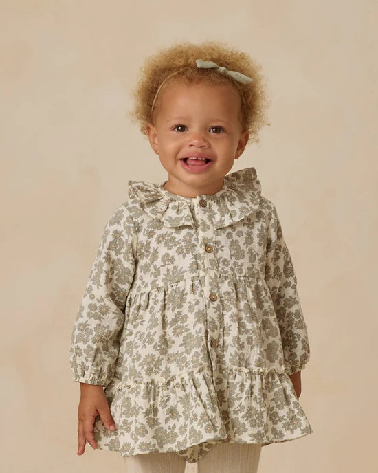 Ruffle Collar Button Dress- Green Floral