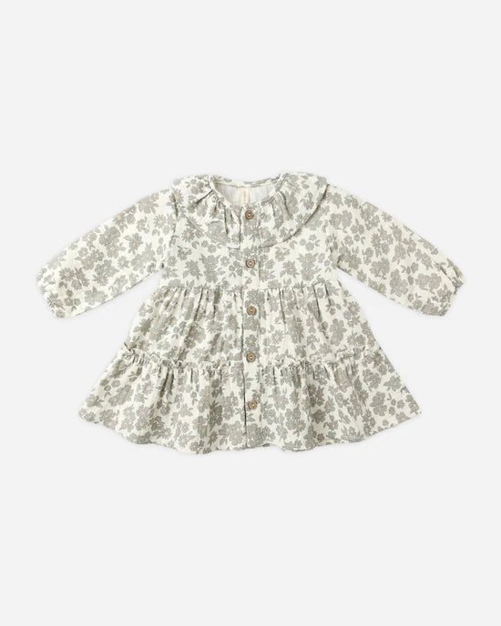 Ruffle Collar Button Dress- Green Floral