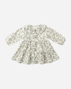 Ruffle Collar Button Dress- Green Floral