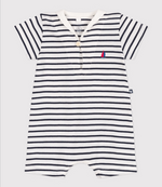 Load image into Gallery viewer, Baby Romper with Striped Cotton Peacoat Collar
