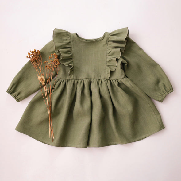 Linen Long Sleeve Ruffle Dress- Olive