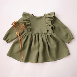 Linen Long Sleeve Ruffle Dress- Olive